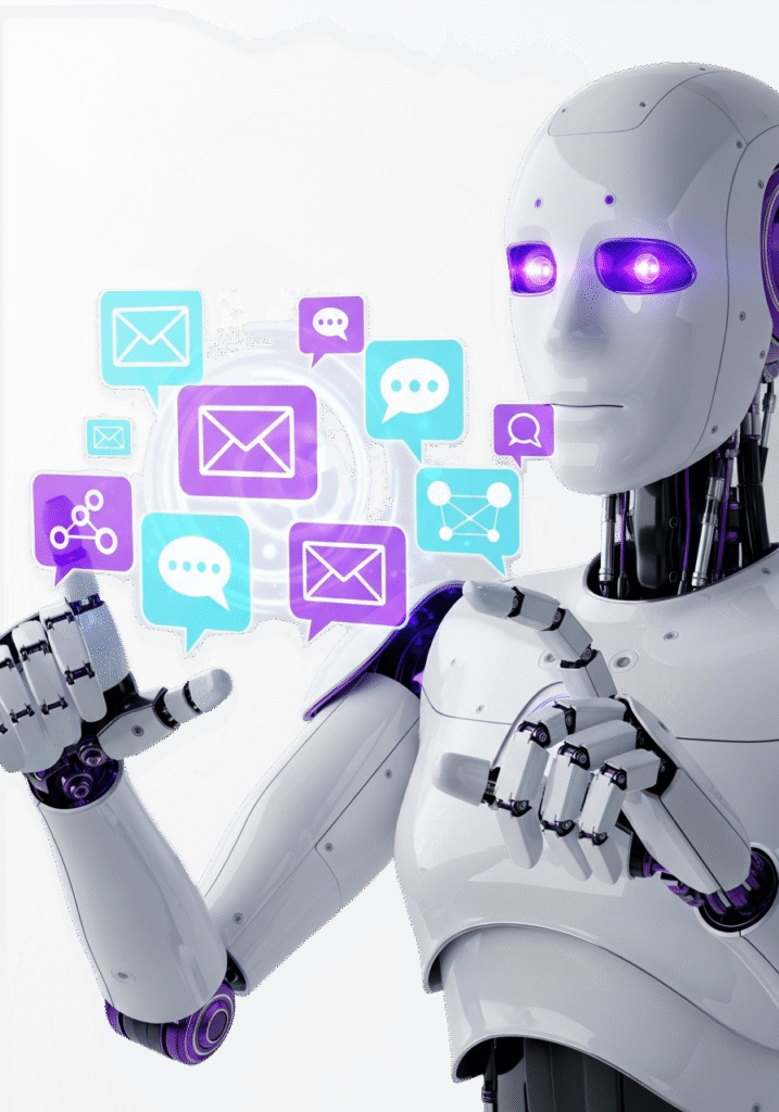 robot blanco con detalles morados