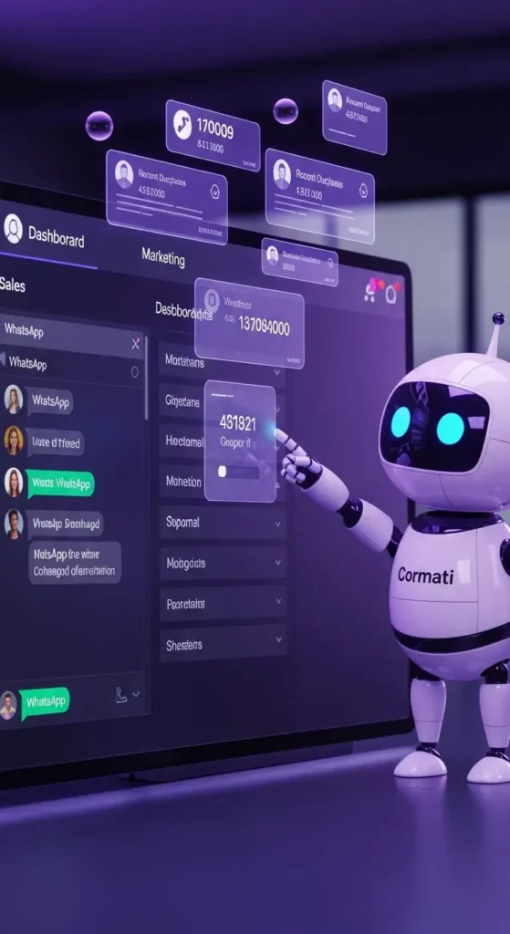 CRM mostrando integración con chats de WhatsApp y asistente digital.